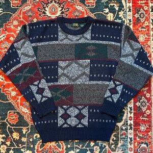 Y2K Vintage Stefano Multicolor Patterned Pullover Grandpa Sweater